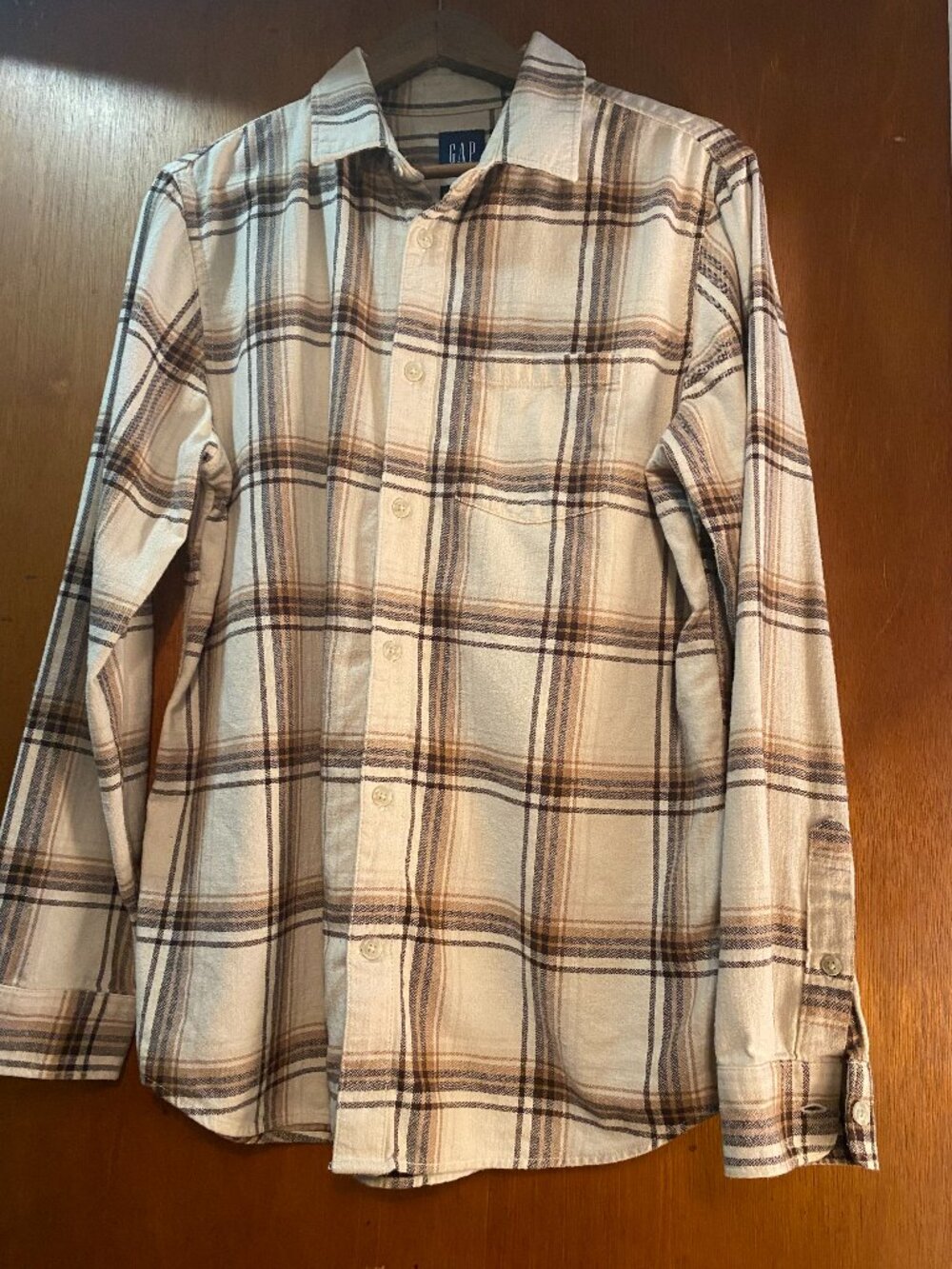 GAP Men's Medium Brown/Beige Plaid Button Up Shirt 100% Organic Cotton